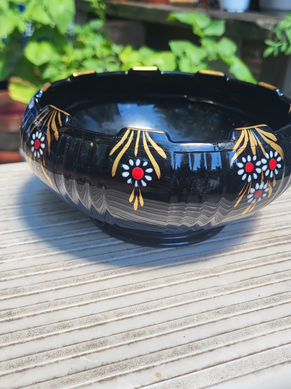 Hand-Painted Black Glass Decorative Bowl with Gold & Red Floral Accents